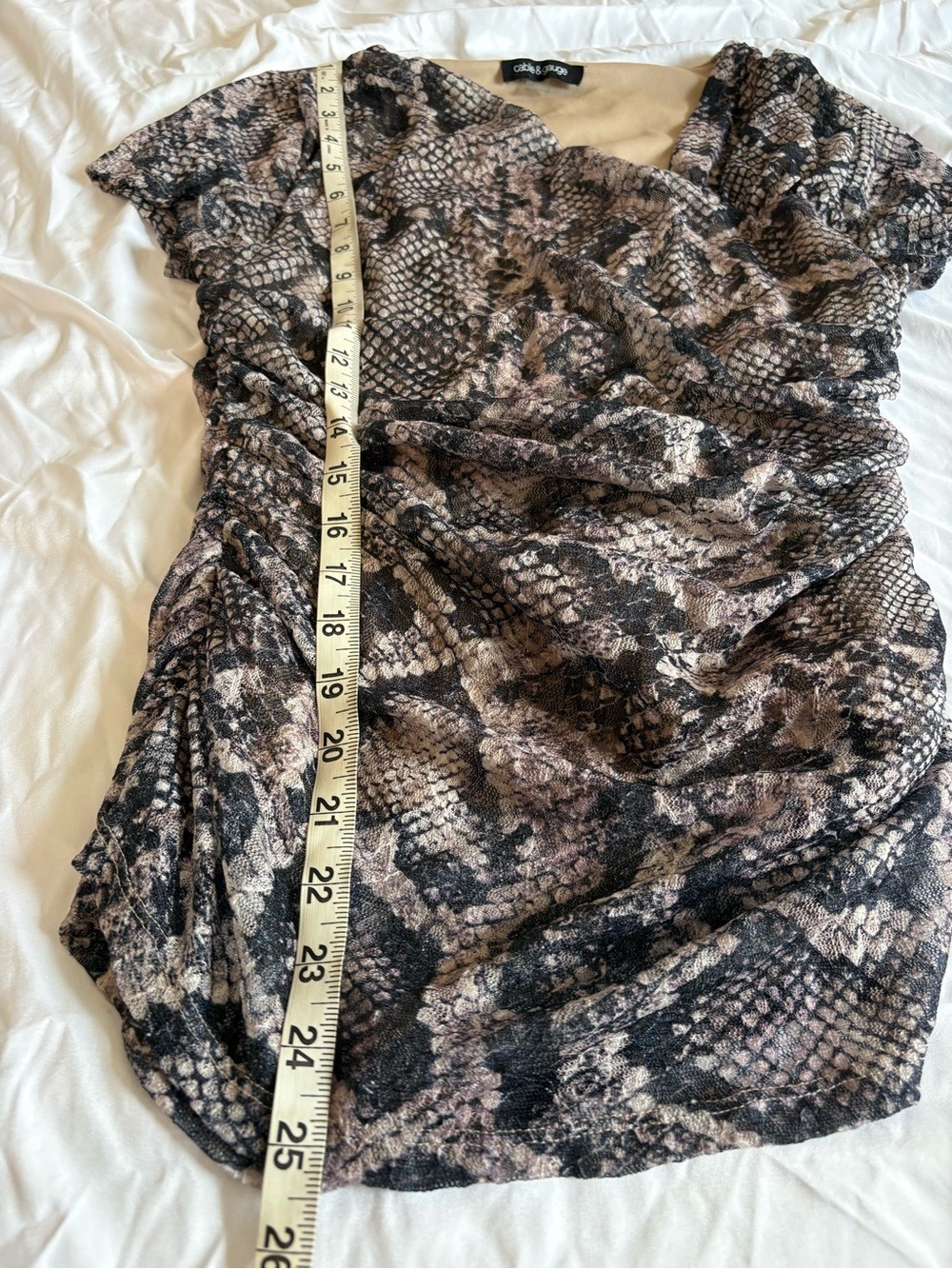 Snakeskin Print Ruched Mesh Top Bodycon Y2K Mob Wife Taupe Brown Est M - Picture 9 of 10